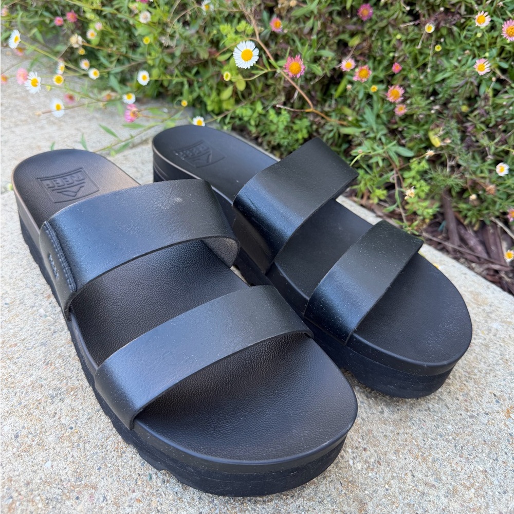 Reef Black Triple-Strap Platform Slide Sandals
